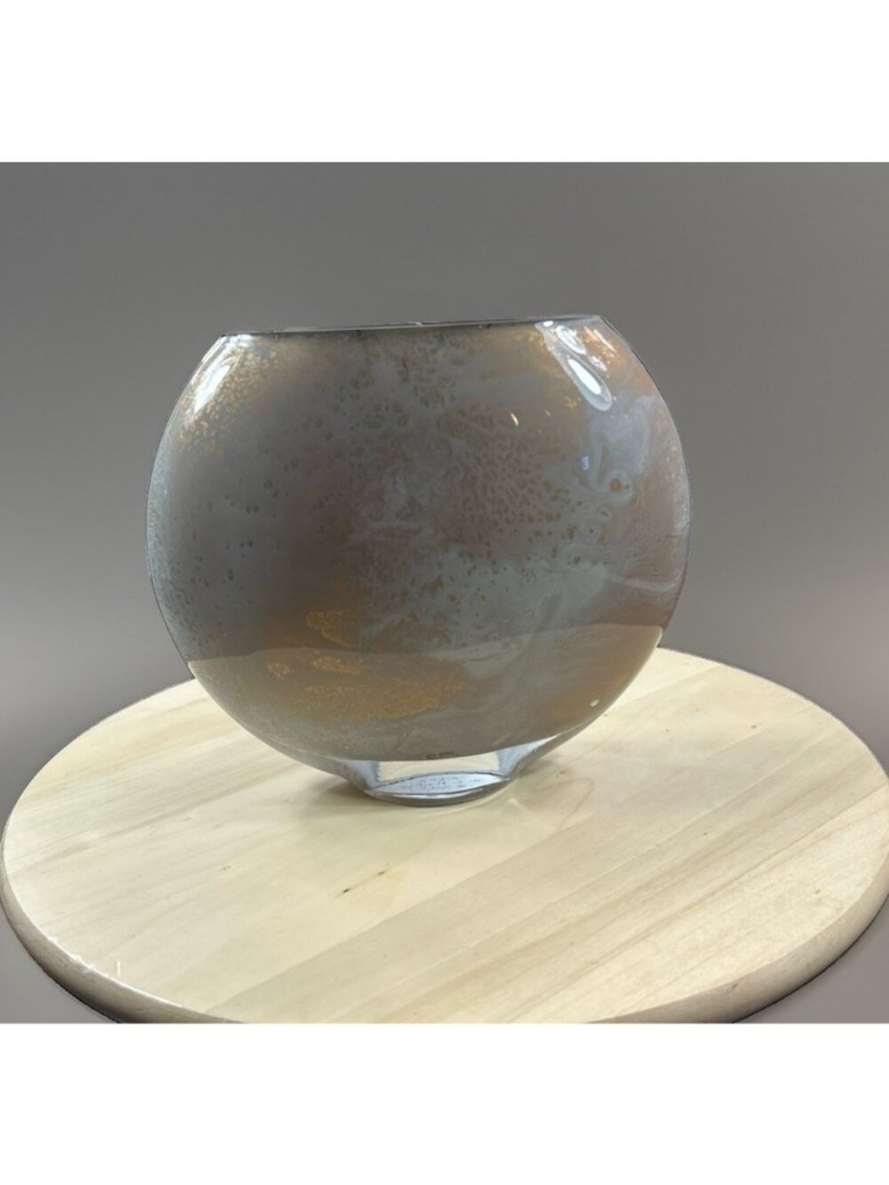 Art Glass Bubble Vase Brown Tan Speckled Round Globe Decorative Vessel Signed 03